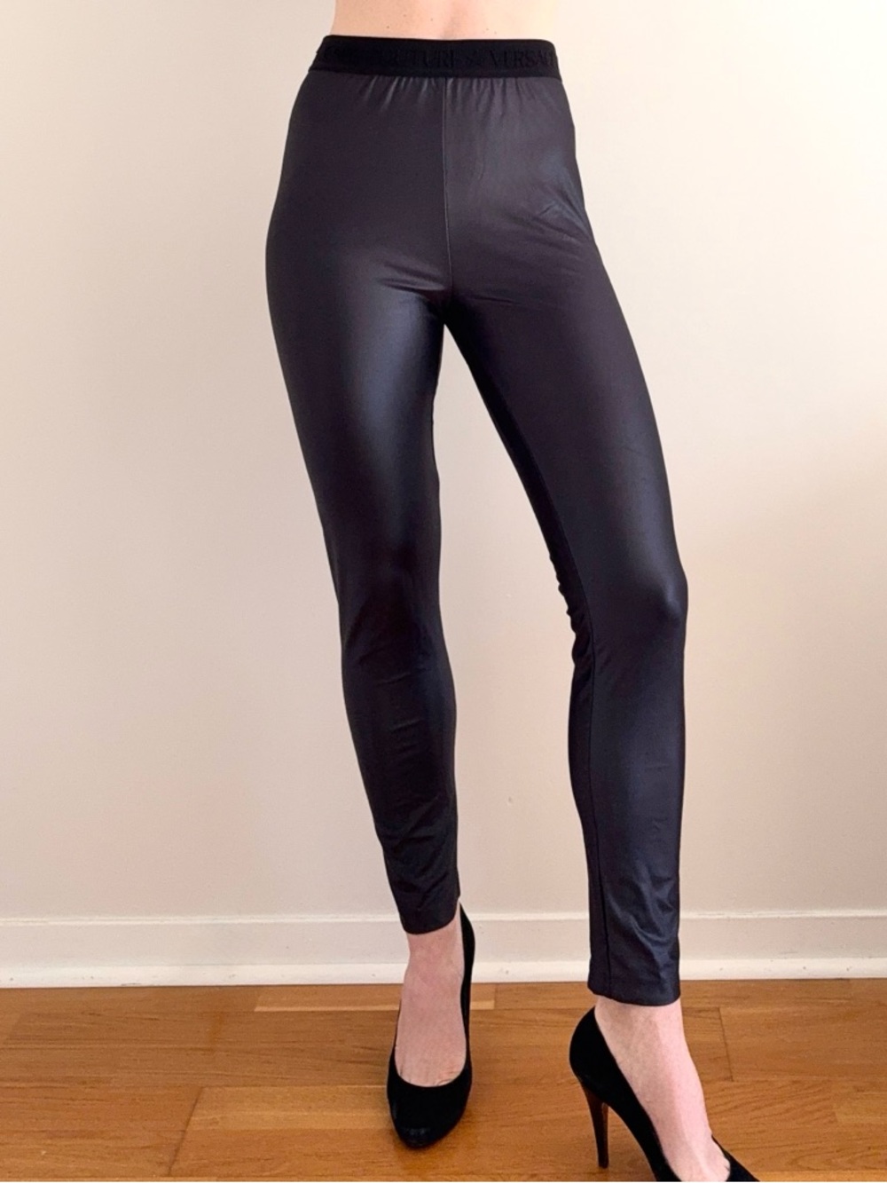 Versace Jeans Couture Black Satin Leggings w/Branded Waistband, Large, Authentic